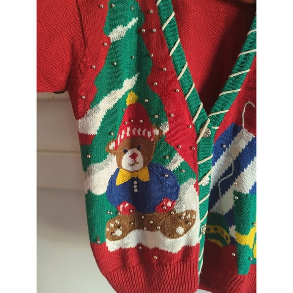 Vintage Lauren Gayle Petite Women's L Red Christmas Cardigan W/ Teddy Bear - Picture 3 of 8